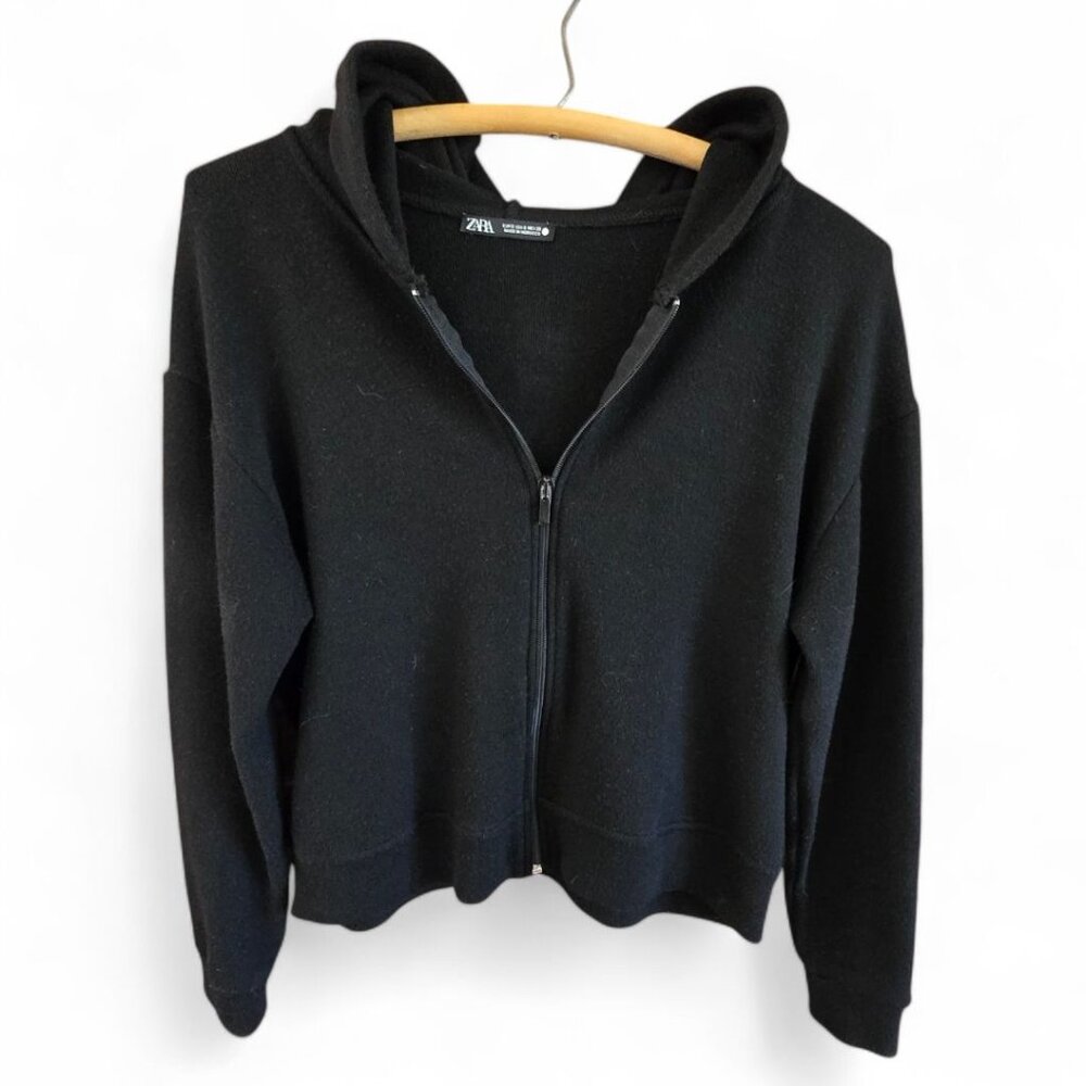 Zara Womens Small Black Hoodie Sweater Knit Zip Front Long Sleeve With Hood - Picture 2 of 4